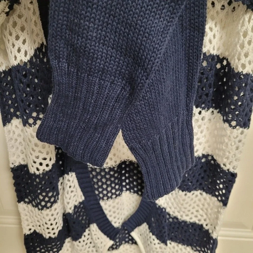 Lamade‎ Navy Blue And White Striped Nautical Open Front Knit Beachy Cardigan XS